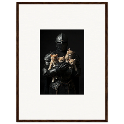 Medieval knight in armor holding kittens, perfect for Feline Bashhut room decoration