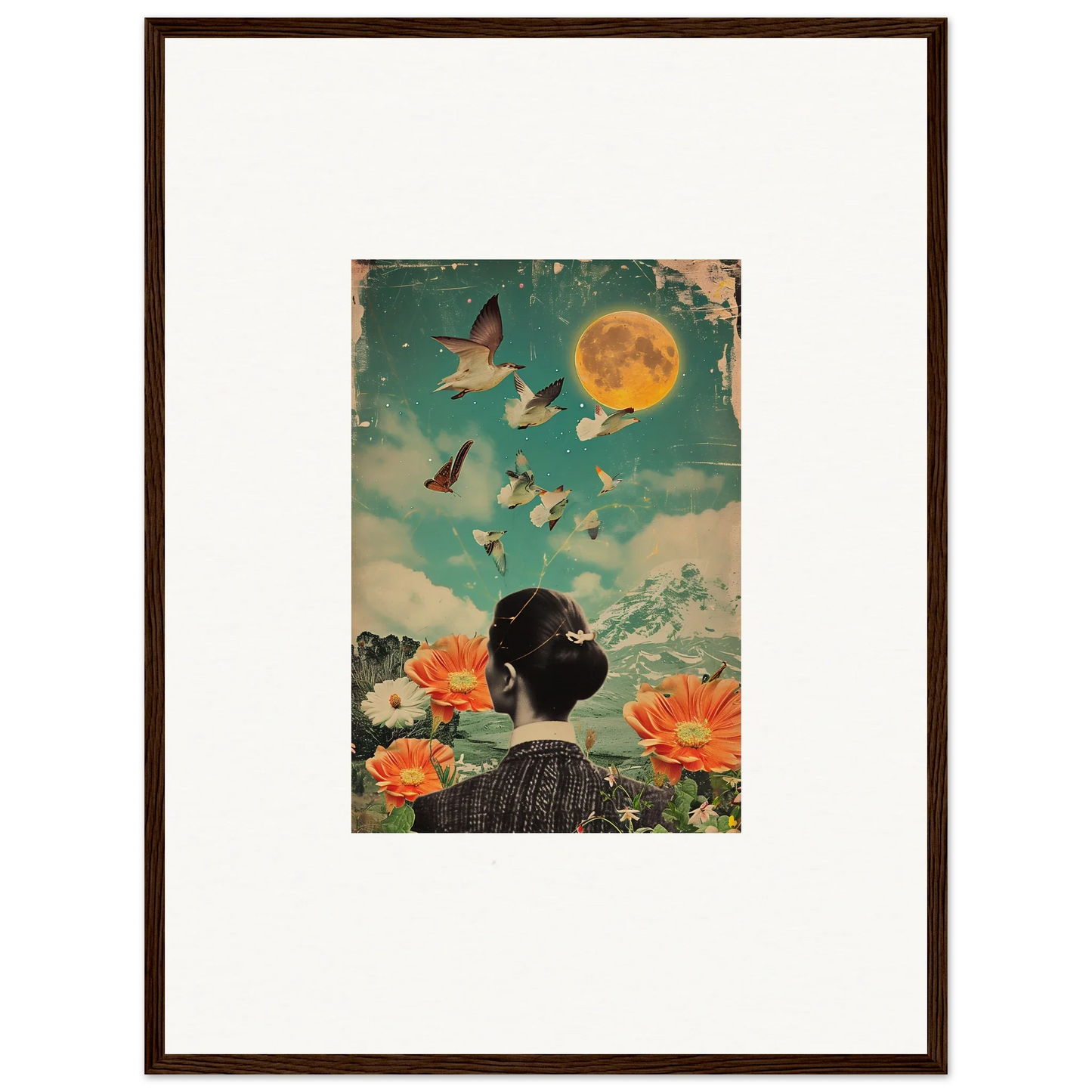 Framed vintage collage of a woman with birds and flowers for bloom reverie room decoration