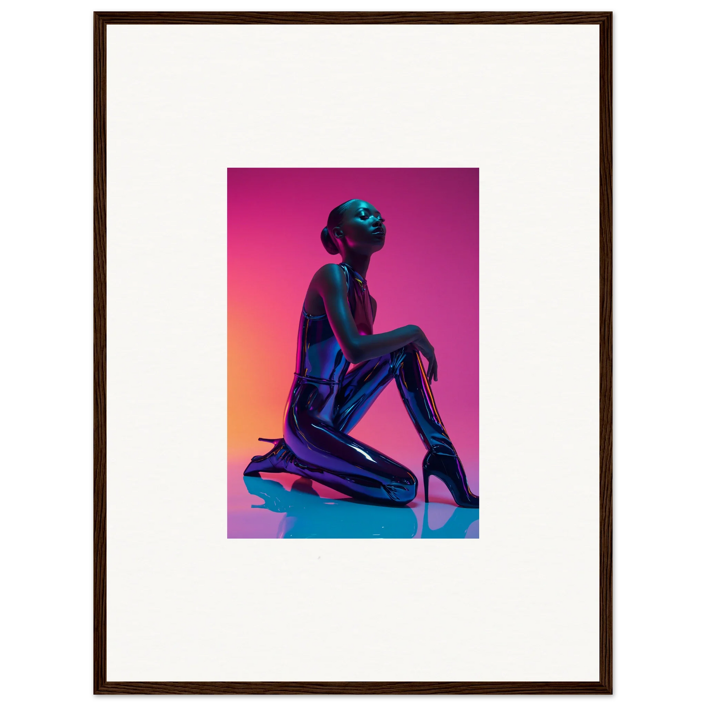 Silhouette of a kneeling figure on Neon Vortex canvas print with vibrant gradient background