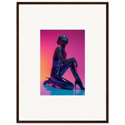 Silhouette of a kneeling figure on Neon Vortex canvas print with vibrant gradient background