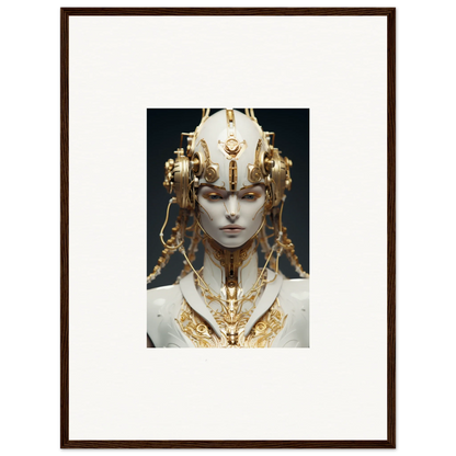 Ornate golden headdress and necklace on pale face for a stunning canvas print decor