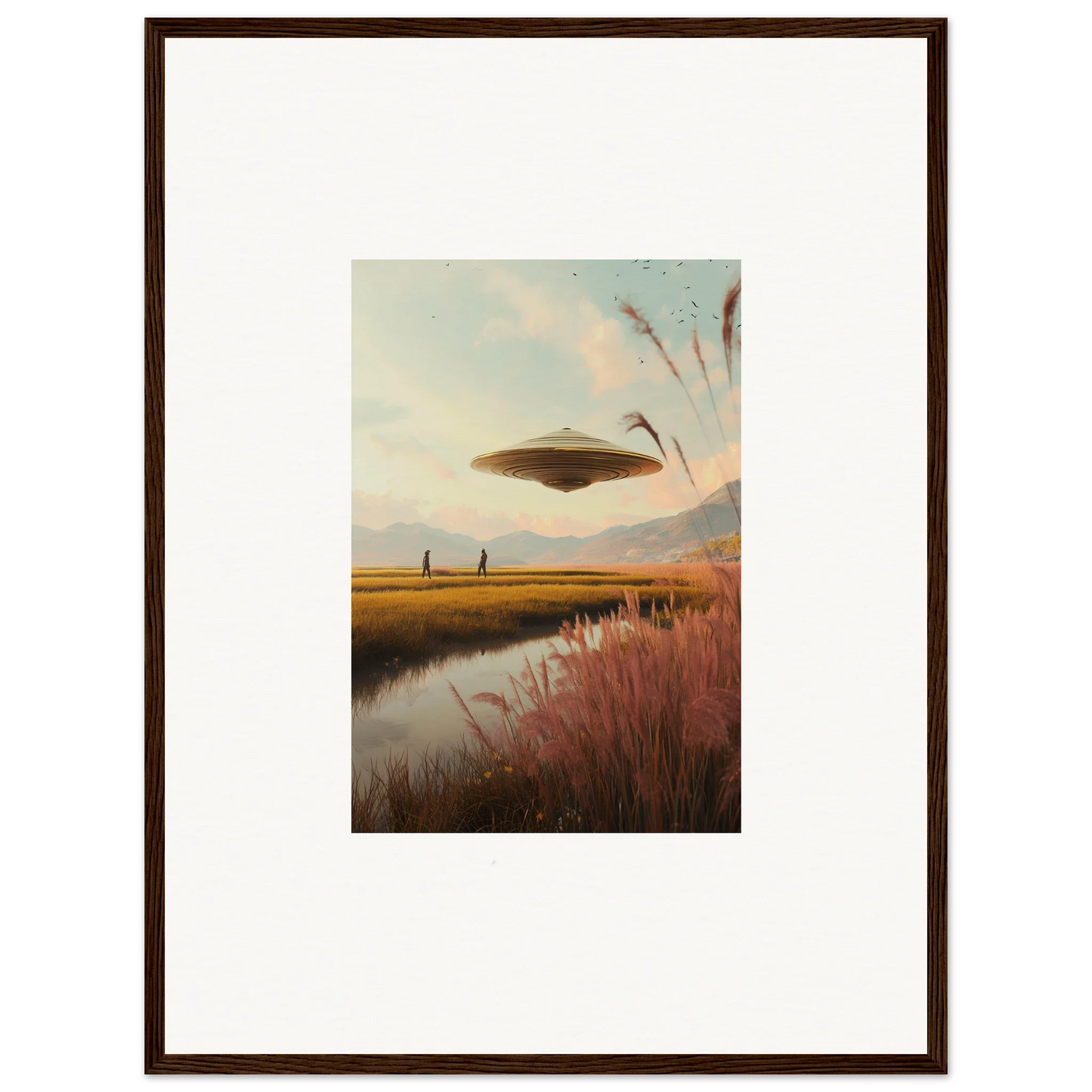 UFO hovering over a rural landscape in Floating Meadow Raindancers framed wall art