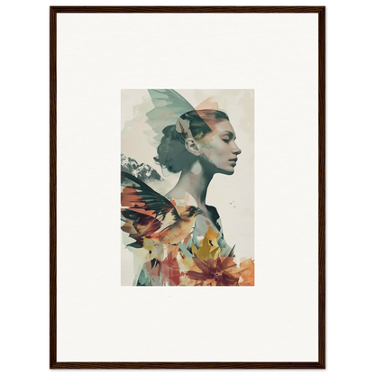 Framed canvas print of a dreamy woman in floral double exposure for room decoration