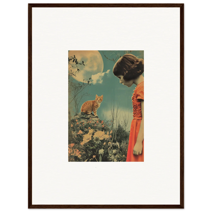 Vintage-style Framed Collage Artwork with Woman in Red, Cat, and Birds for Room Decoration