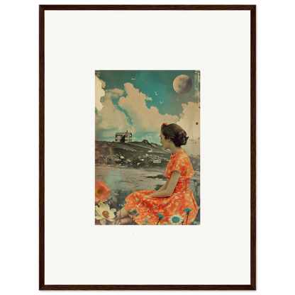 Framed vintage-style canvas print of a woman in an orange dress in Color Reverie