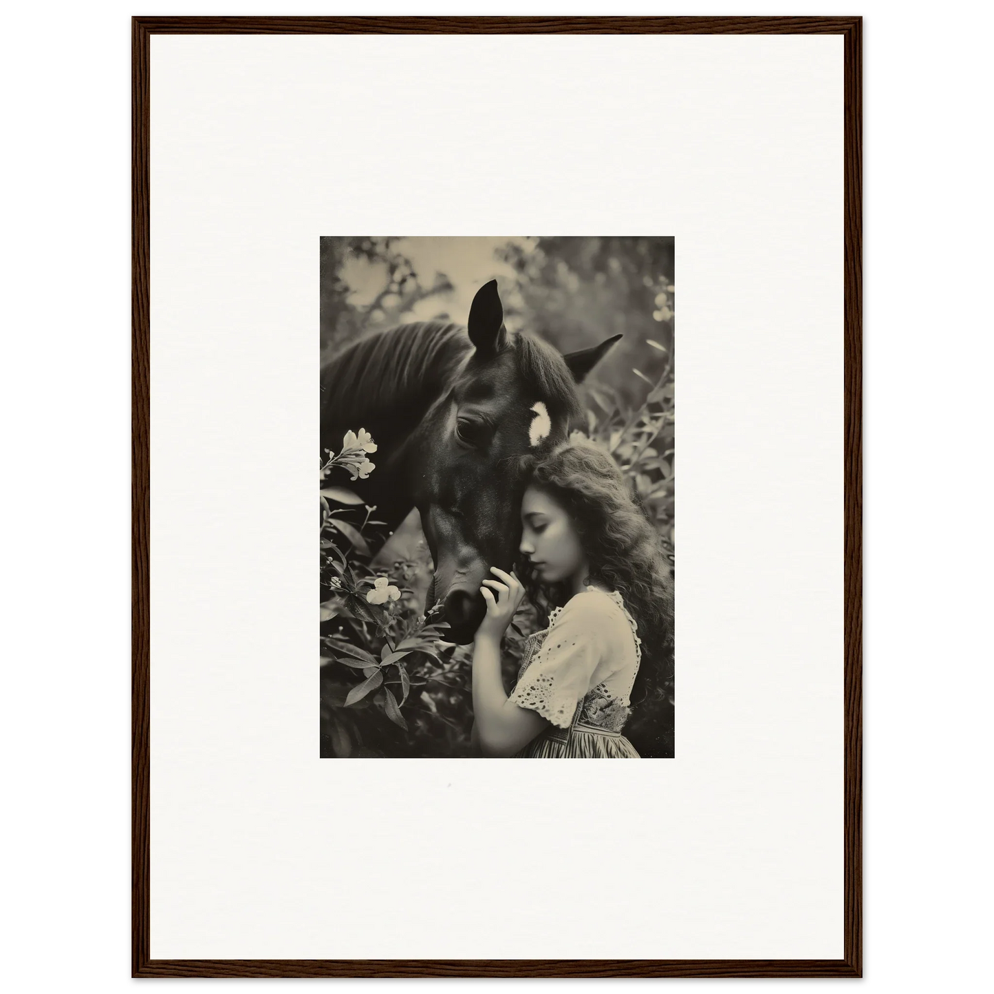 Framed black and white photo of a girl and horse for unique equinox whispers room decoration