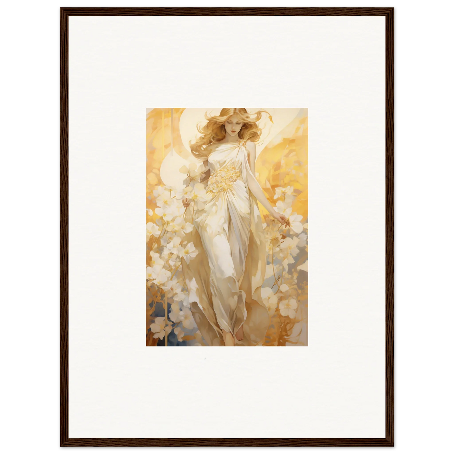 Framed canvas print of Etherial Blossom Reverie featuring a glowing female figure