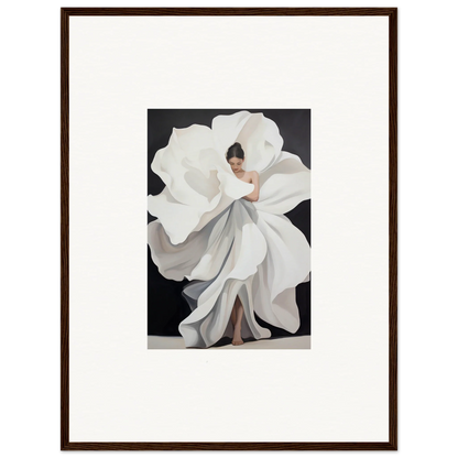 Framed canvas print of a woman in a flowing dress, perfect for room decoration with petal whispers