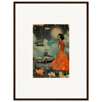 Framed vintage illustration of a woman in an orange dress for room decoration