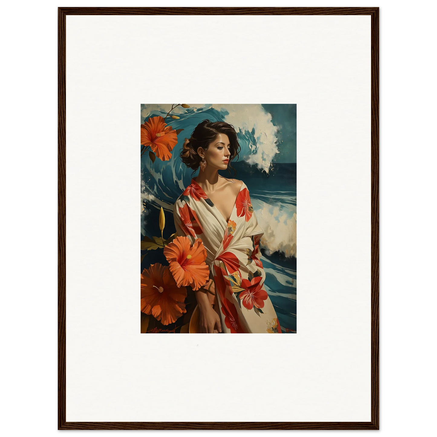 Framed canvas print of a woman in a floral robe by the sea for room decoration