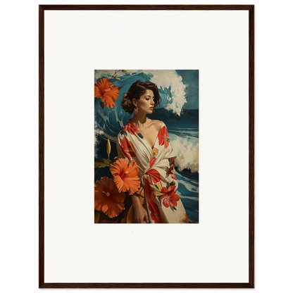 Framed canvas print of a woman in a floral robe by the sea for room decoration