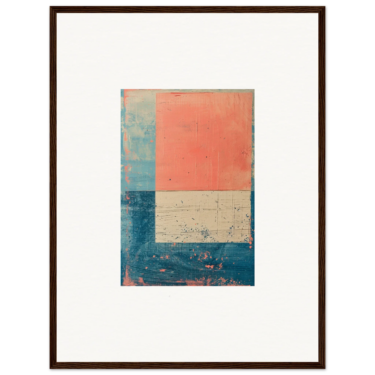 Abstract painting in coral, white, and blue tones for stylish room decoration as a canvas print