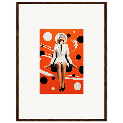 Framed canvas print of a woman in a white suit on an orange polka-dot background