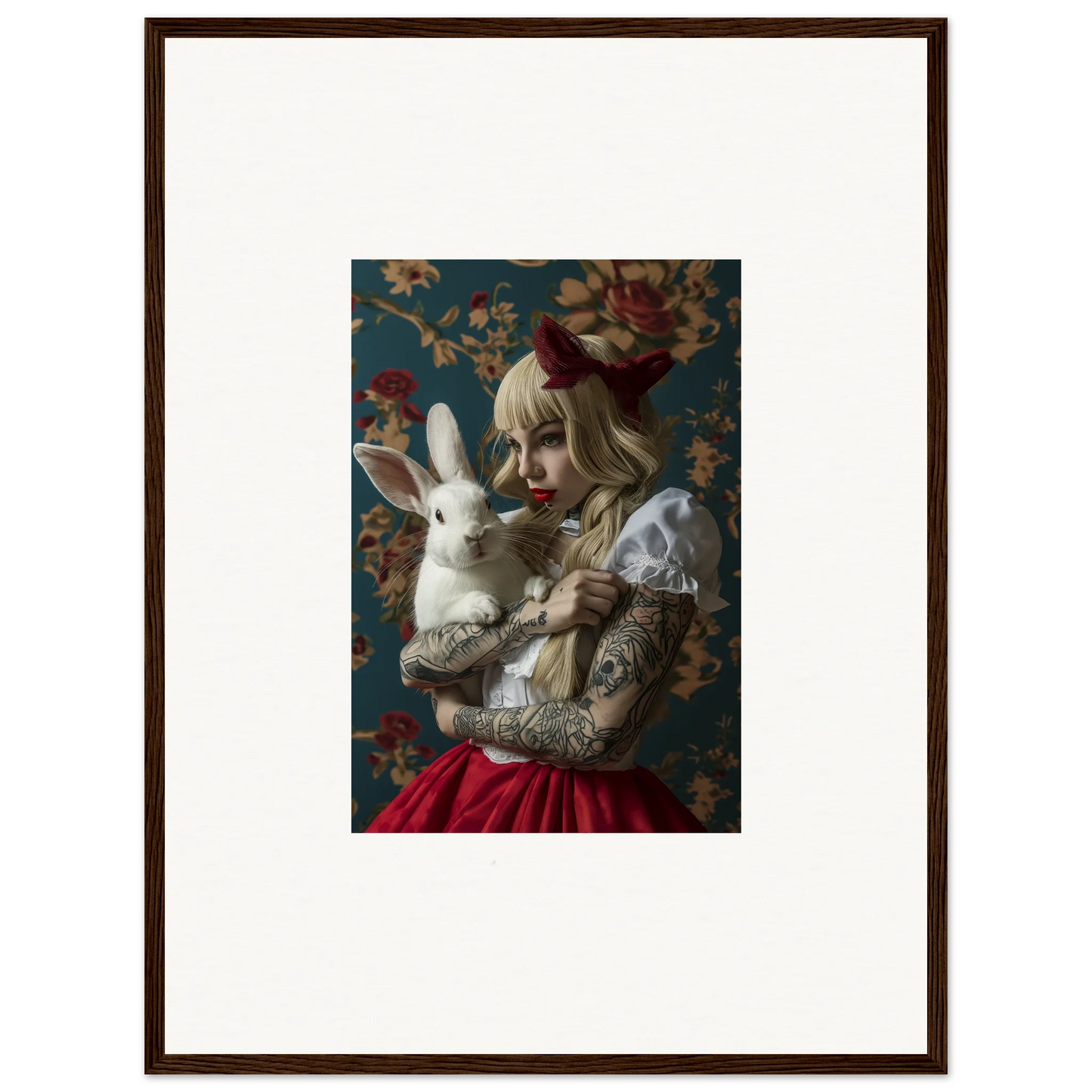 Woman in pale makeup holding a white rabbit, perfect for Rabbit Dreams room decoration