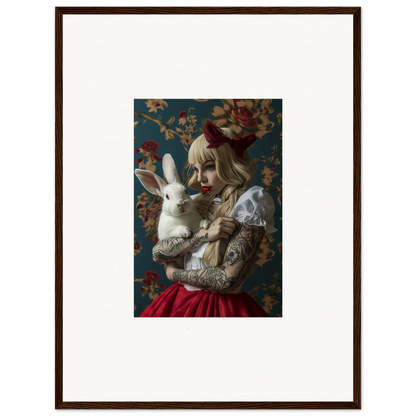 Woman in pale makeup holding a white rabbit, perfect for Rabbit Dreams room decoration