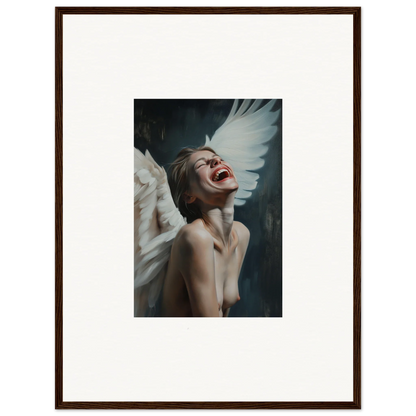 Framed canvas print of a figure with white wings, perfect for room decoration wall art