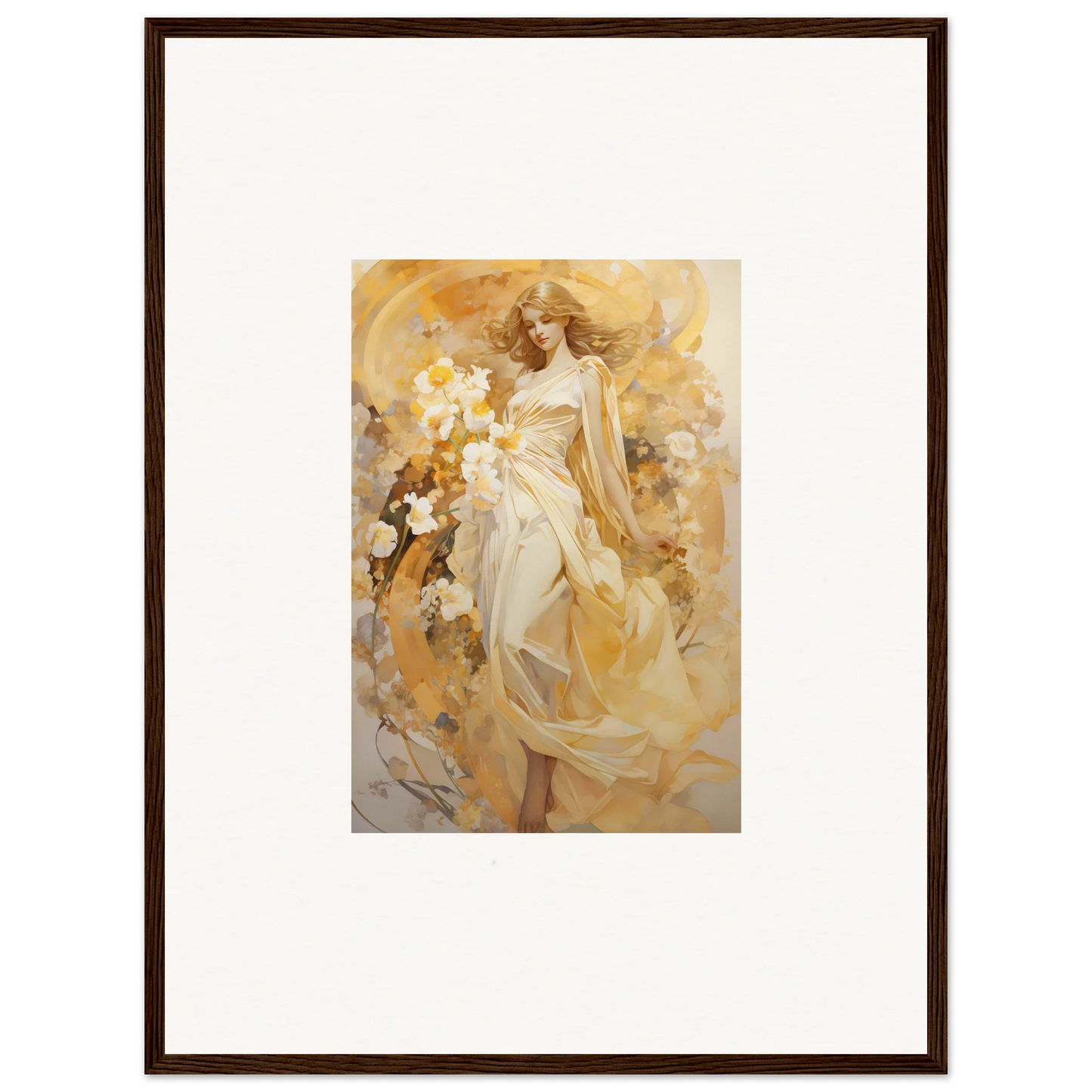 Framed canvas print of a woman in a flowing dress, perfect for ethereal symphony room decoration