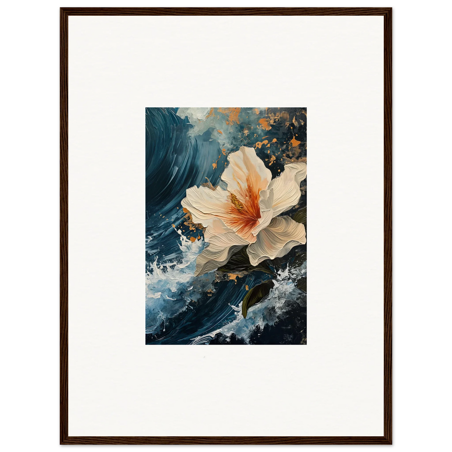 Framed canvas print of a white and orange hibiscus flower for stylish room decoration