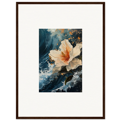 Framed canvas print of a white and orange hibiscus flower for stylish room decoration