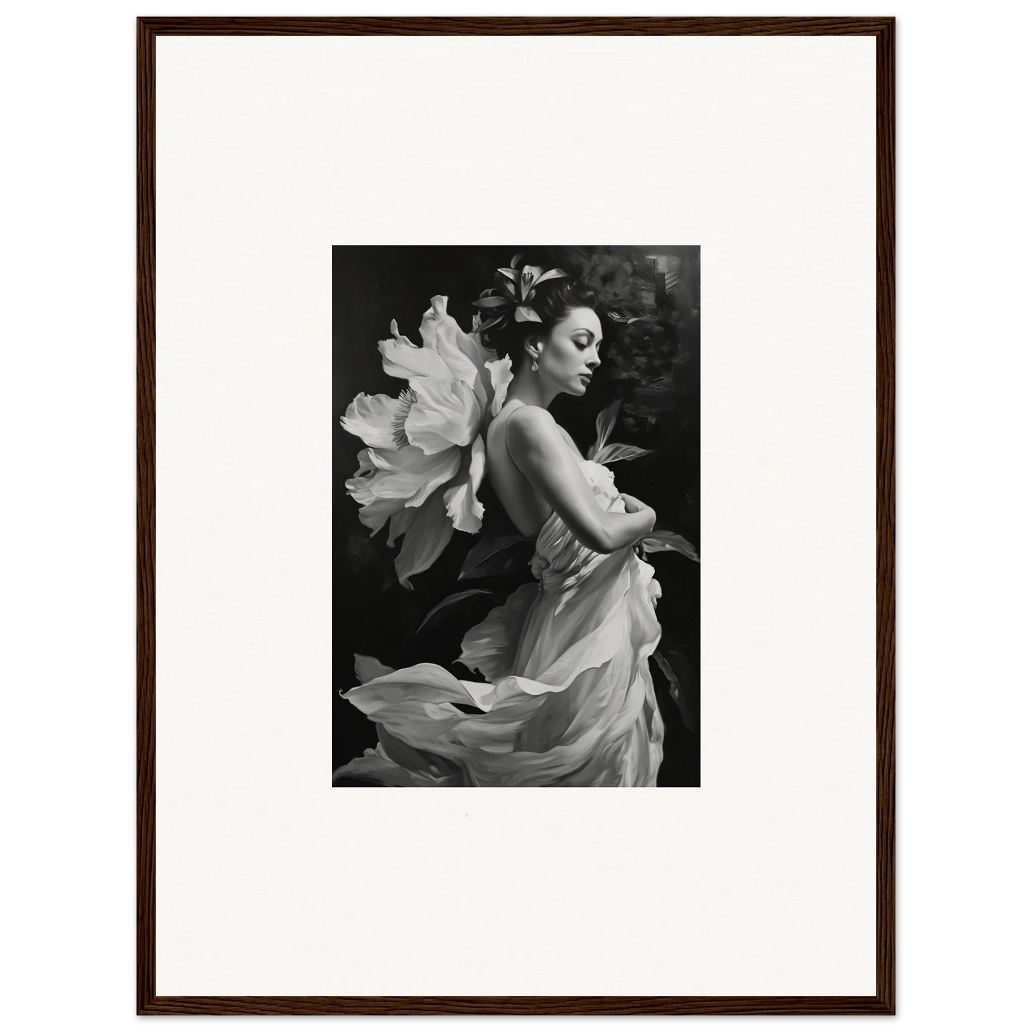 Black and white photo of a woman in a flowing dress for a stunning Duet Chrysalis canvas print