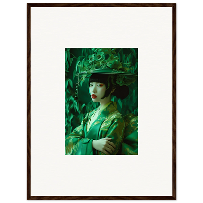 Portrait of a woman in green attire and hat, perfect for room decoration and whispering spectacle