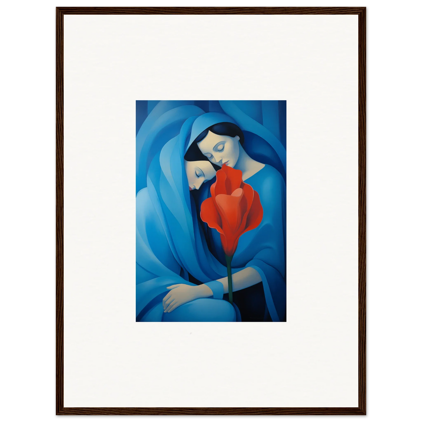 Framed canvas print of a woman in blue with a red flower for stylish room decoration