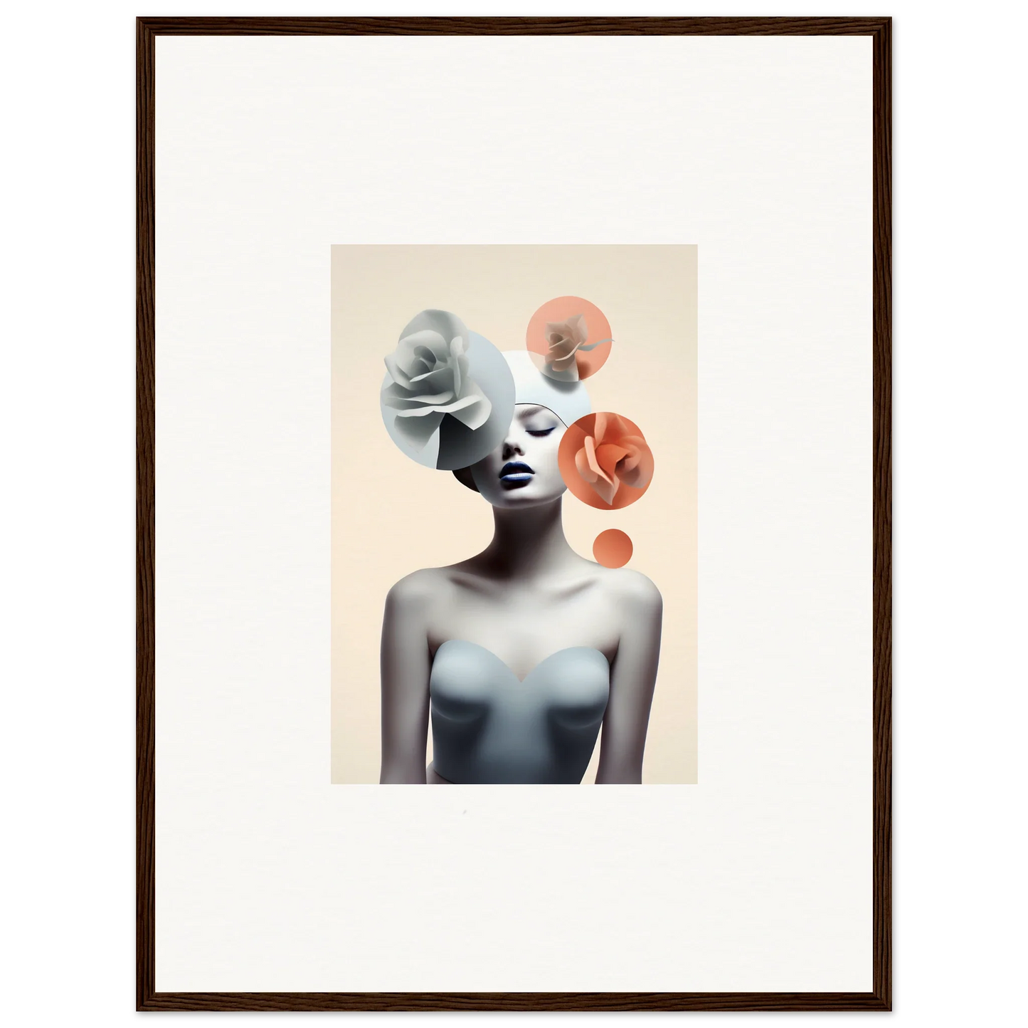 Surrealist portrait of a woman with abstract circles, perfect for Blossom Nexus room decoration