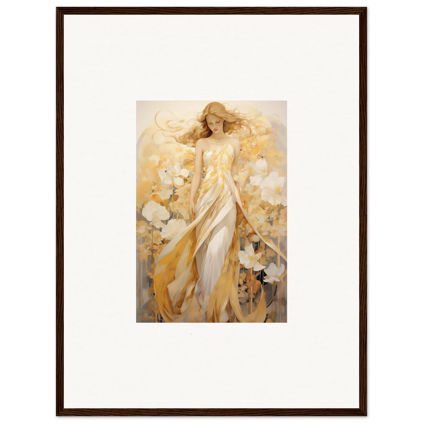 Framed Canvas Print of Ethereal Woman in Golden Robes for Room Decoration and Whispering Petals