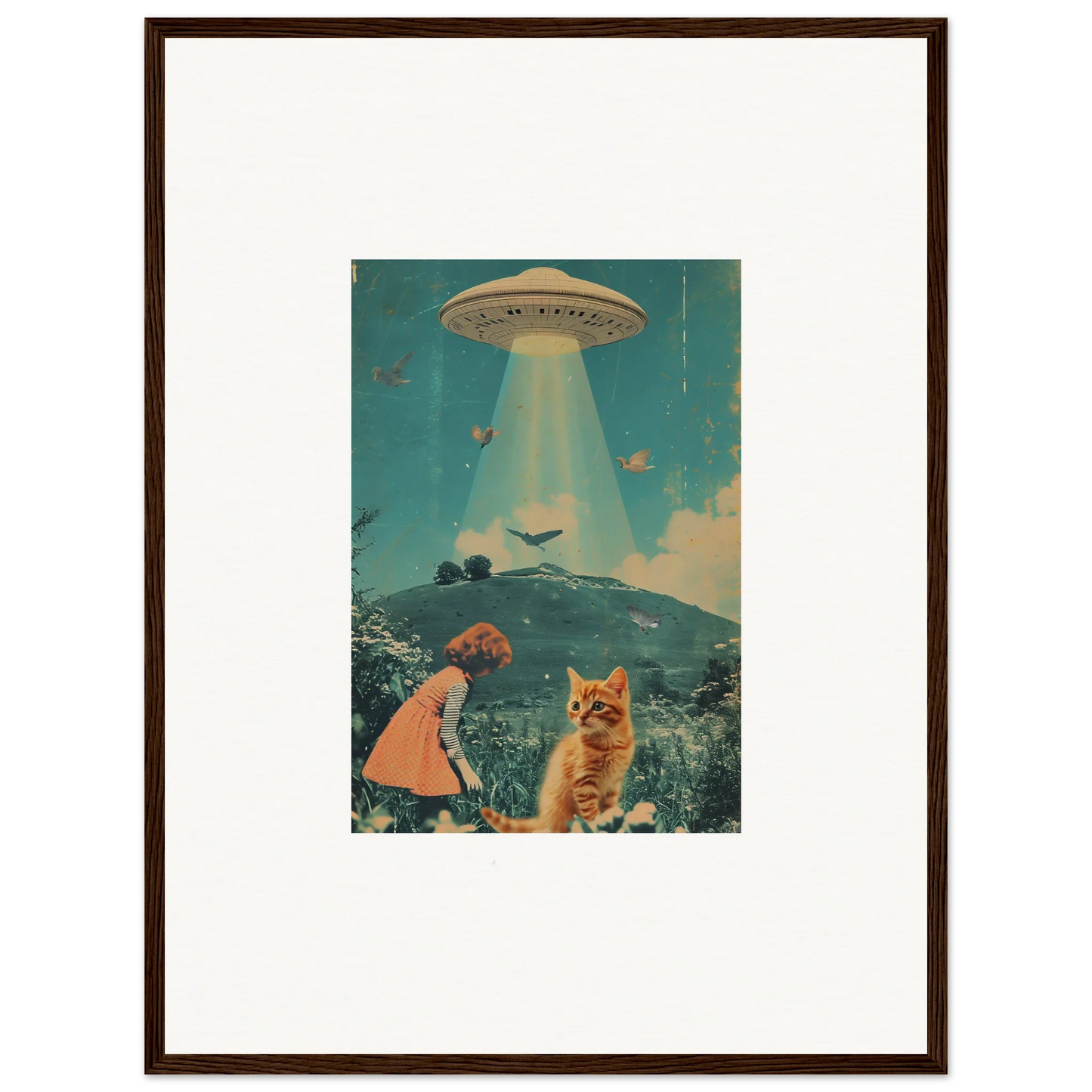 Framed canvas print of a surreal voyaging Moonflex scene with a UFO, child, and cat