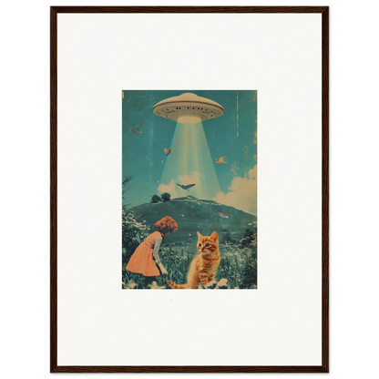 Framed canvas print of a surreal voyaging Moonflex scene with a UFO, child, and cat