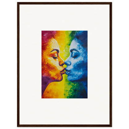 Colorful canvas print of two faces kissing in serene warm and cool tones for room decoration