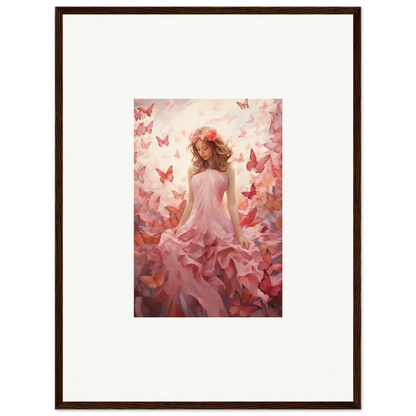 Framed canvas print of a woman in a pink dress with butterflies for autumn lattice room decor