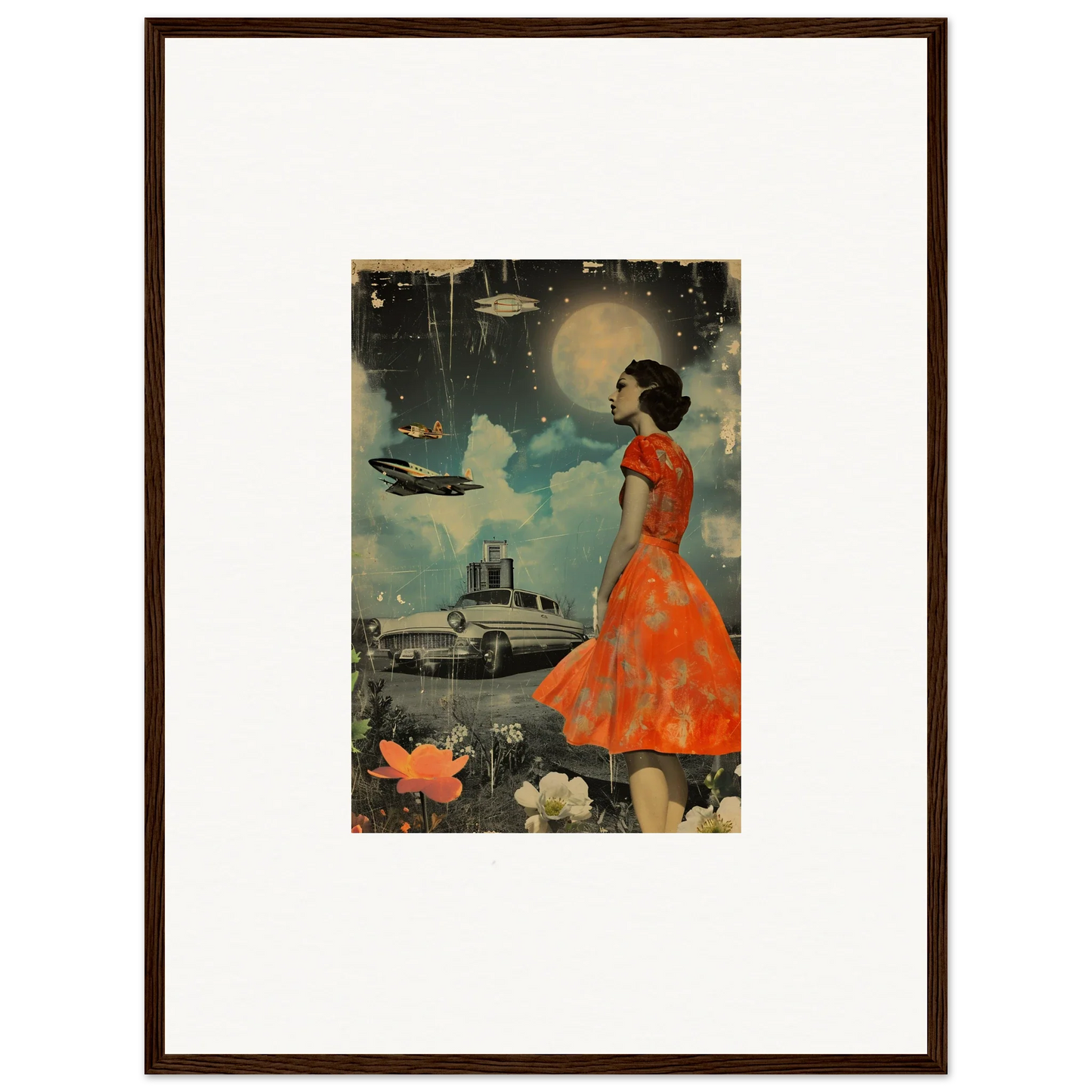 Framed vintage illustration of a woman in an orange dress, perfect for retro bloom room decoration