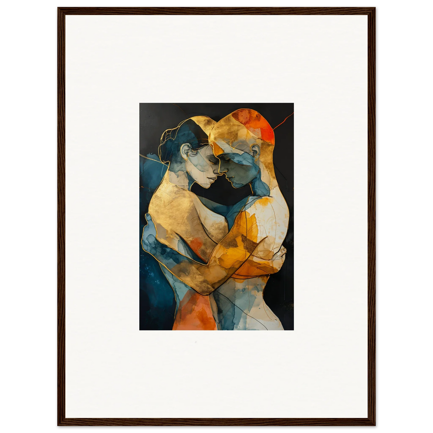 Abstract painting of two embracing figures in vibrant colors for room decoration