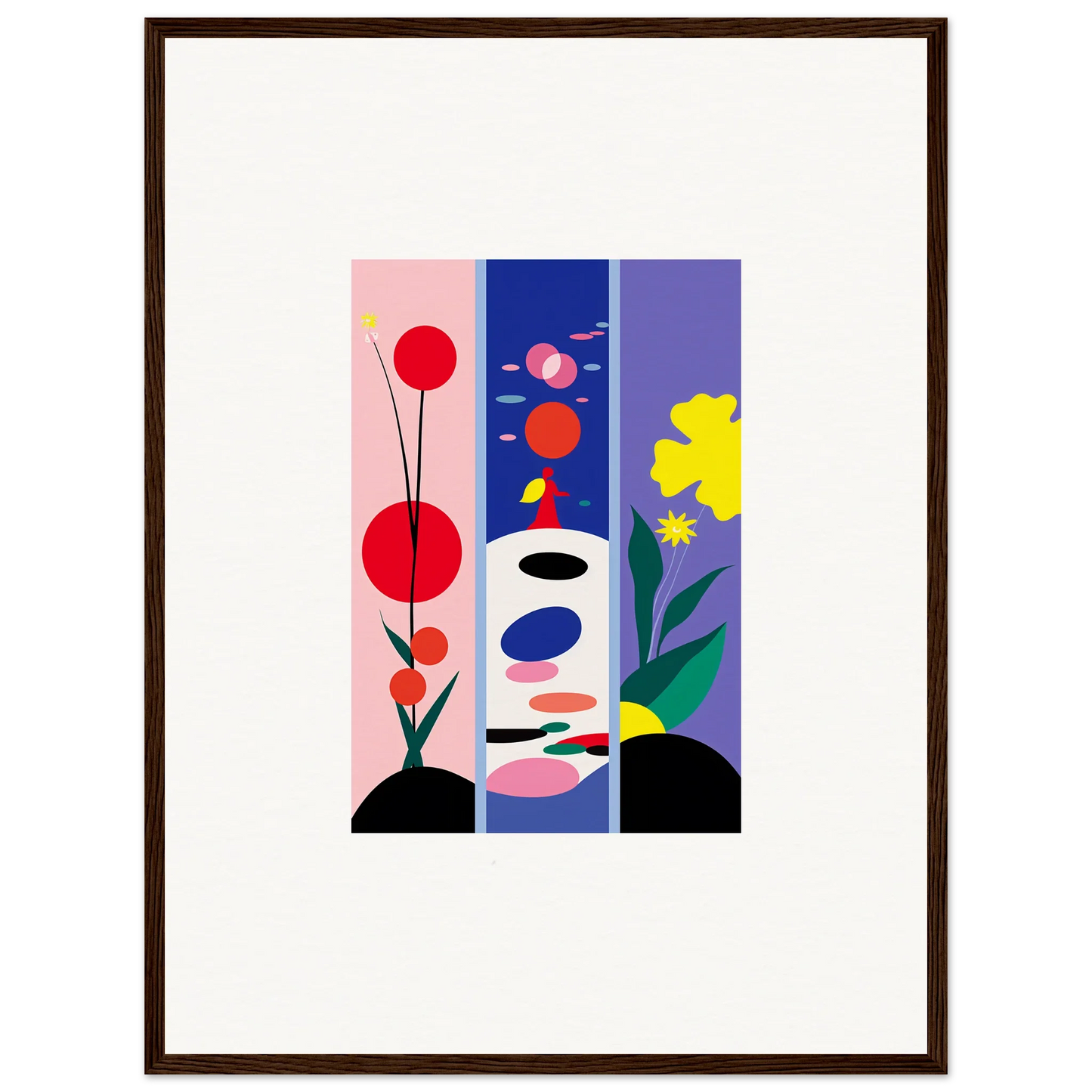 Framed canvas print of vibrant huescape bloom with abstract floral and geometric shapes