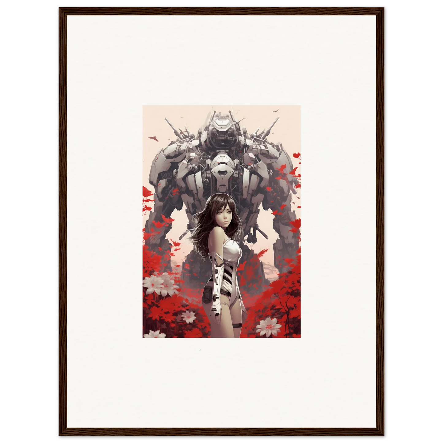 Framed canvas print of Poppy Lucidity featuring a woman and a robotic figure for room decoration