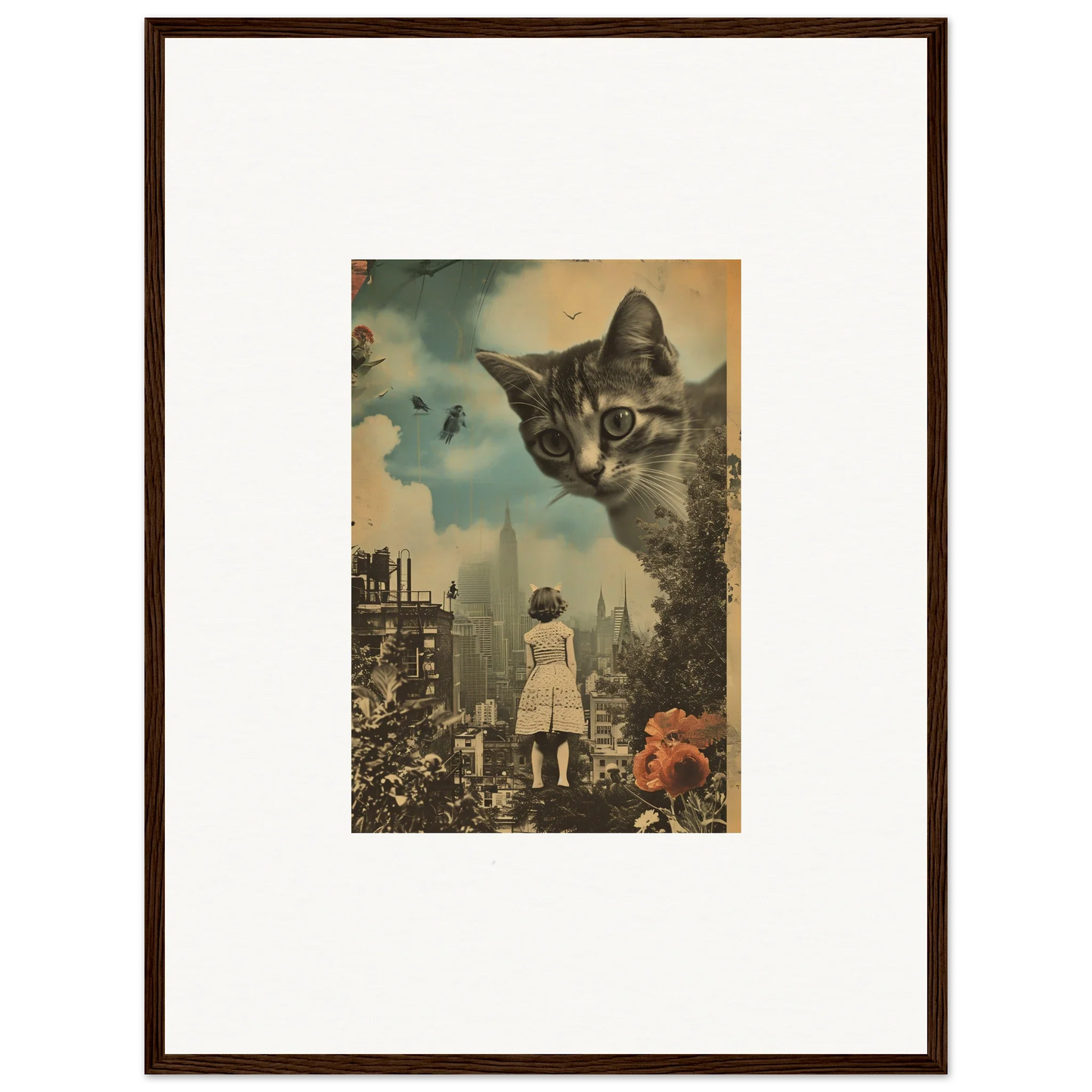 Framed surrealist collage of a giant cat face and cityscape, perfect room decoration canvas print