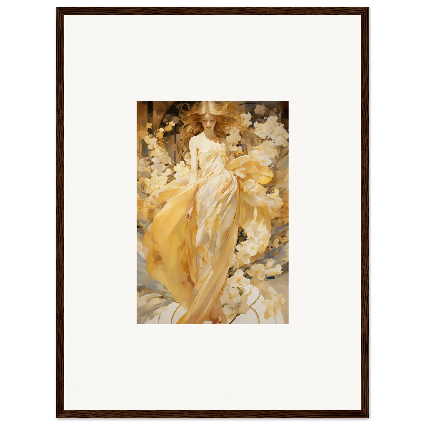 Framed canvas print of a woman in a yellow dress for stylish room decoration