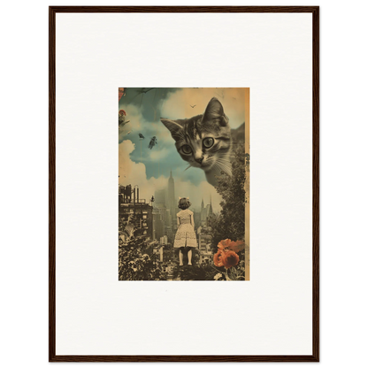 Framed surrealist wall art of a giant cat’s face over a cityscape, perfect for room decoration