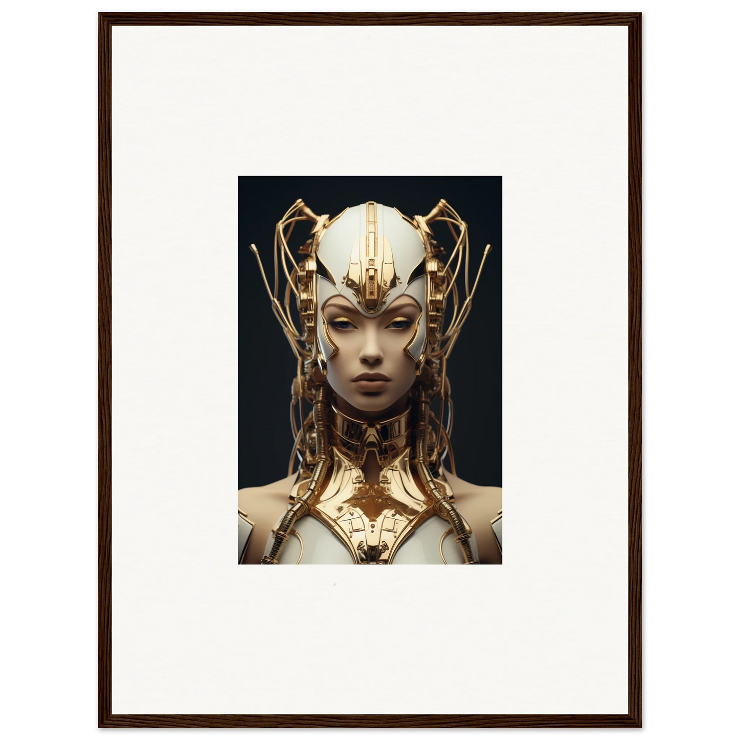 Futuristic humanoid with golden headdress, perfect for Future Echoes Muse room decoration