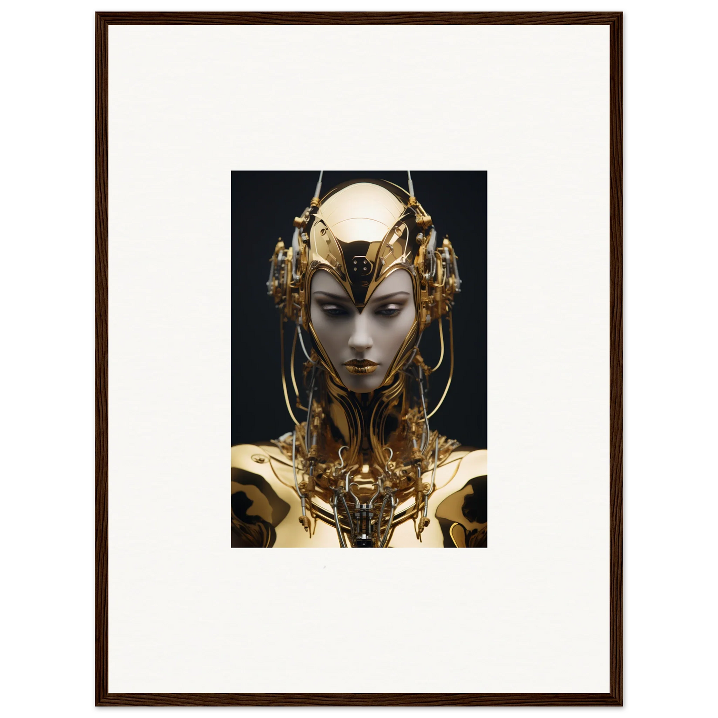 Futuristic humanoid with golden features, perfect for a Chirping Inventrix canvas print