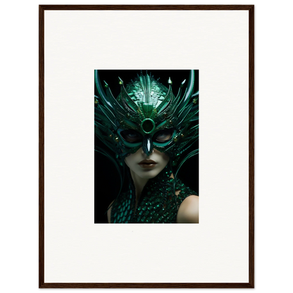 Ornate green mask with feathers for unique room decoration in Enigma Enunciations