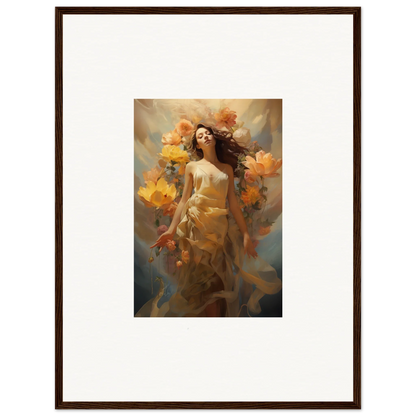 Framed canvas print of a woman amidst autumn leaves for your Blossom Odyssey room decoration