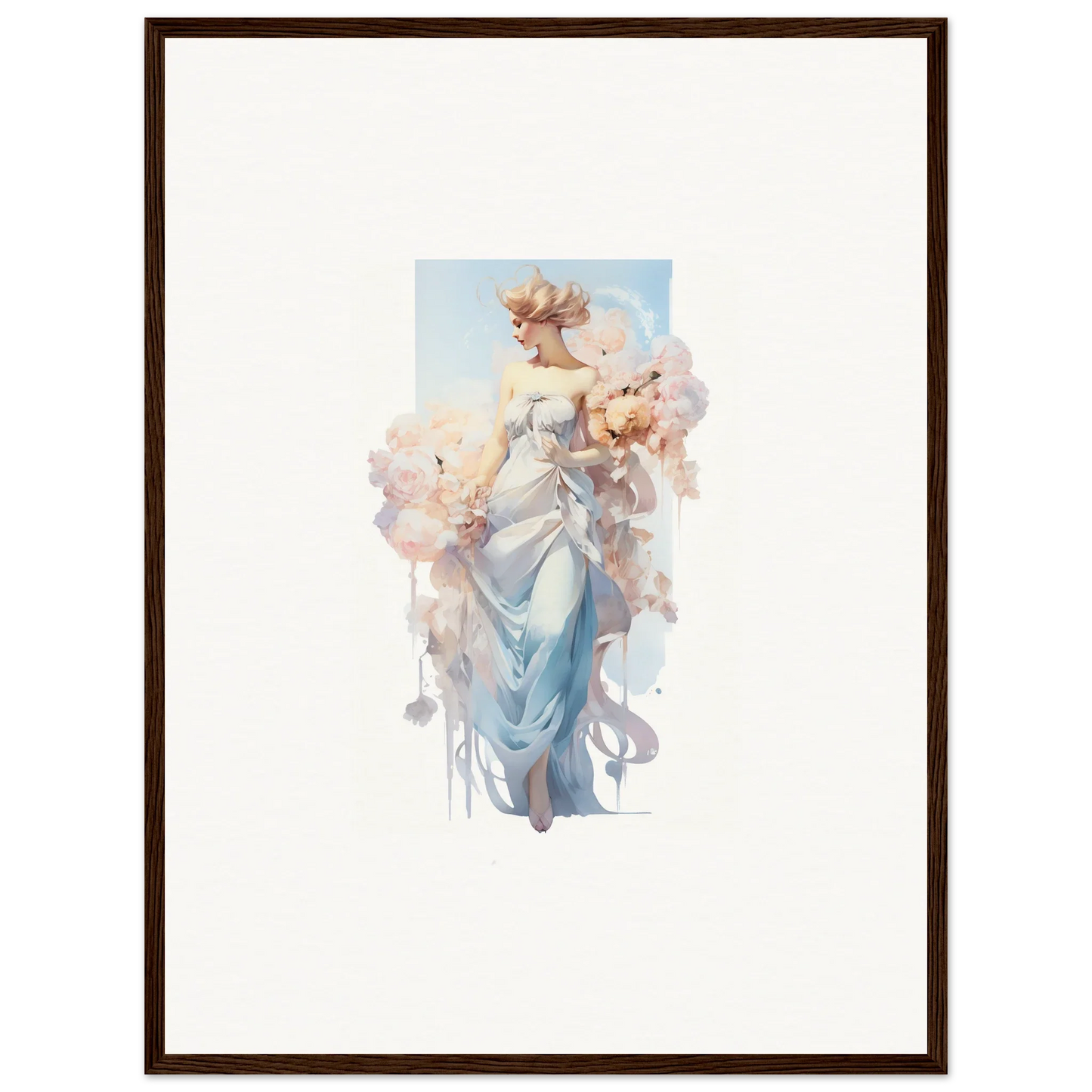 Ethereal watercolor of a woman in blue dress, perfect for bouquet waltz room decoration