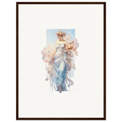 Ethereal watercolor of a woman in blue dress, perfect for bouquet waltz room decoration