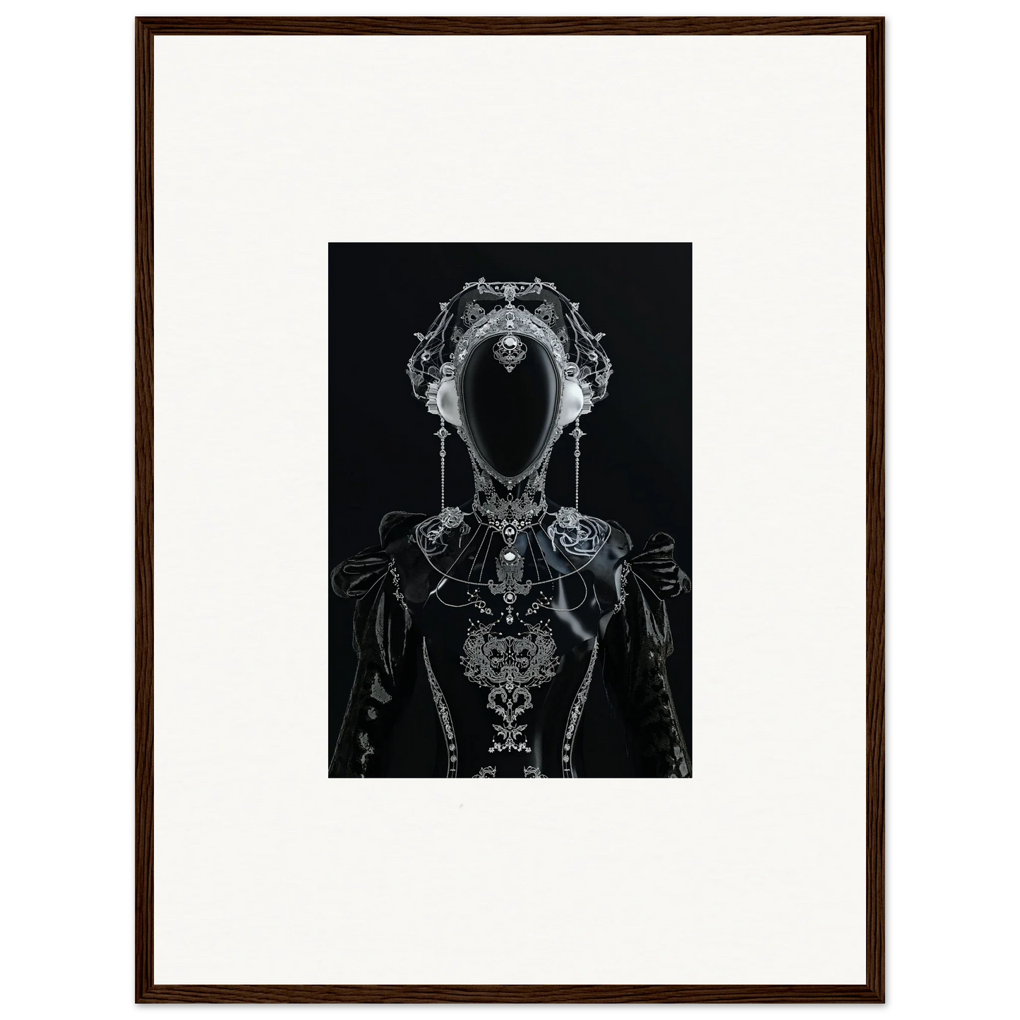 Dark abstract skeletal figure with ornate headdress, perfect for room decoration as canvas print