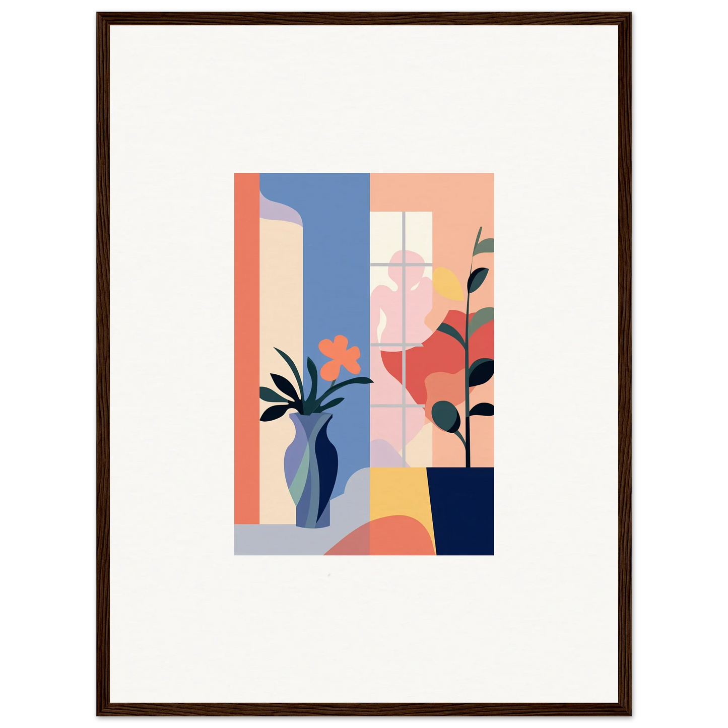 Abstract geometric canvas print of flower emblaze with pastel plants and vases for room decoration