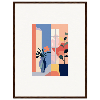 Abstract geometric canvas print of flower emblaze with pastel plants and vases for room decoration