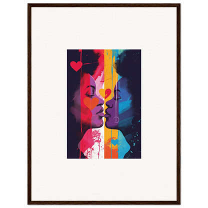 Framed canvas print of Luminous Heartwave Reflection with colorful silhouettes for room decoration