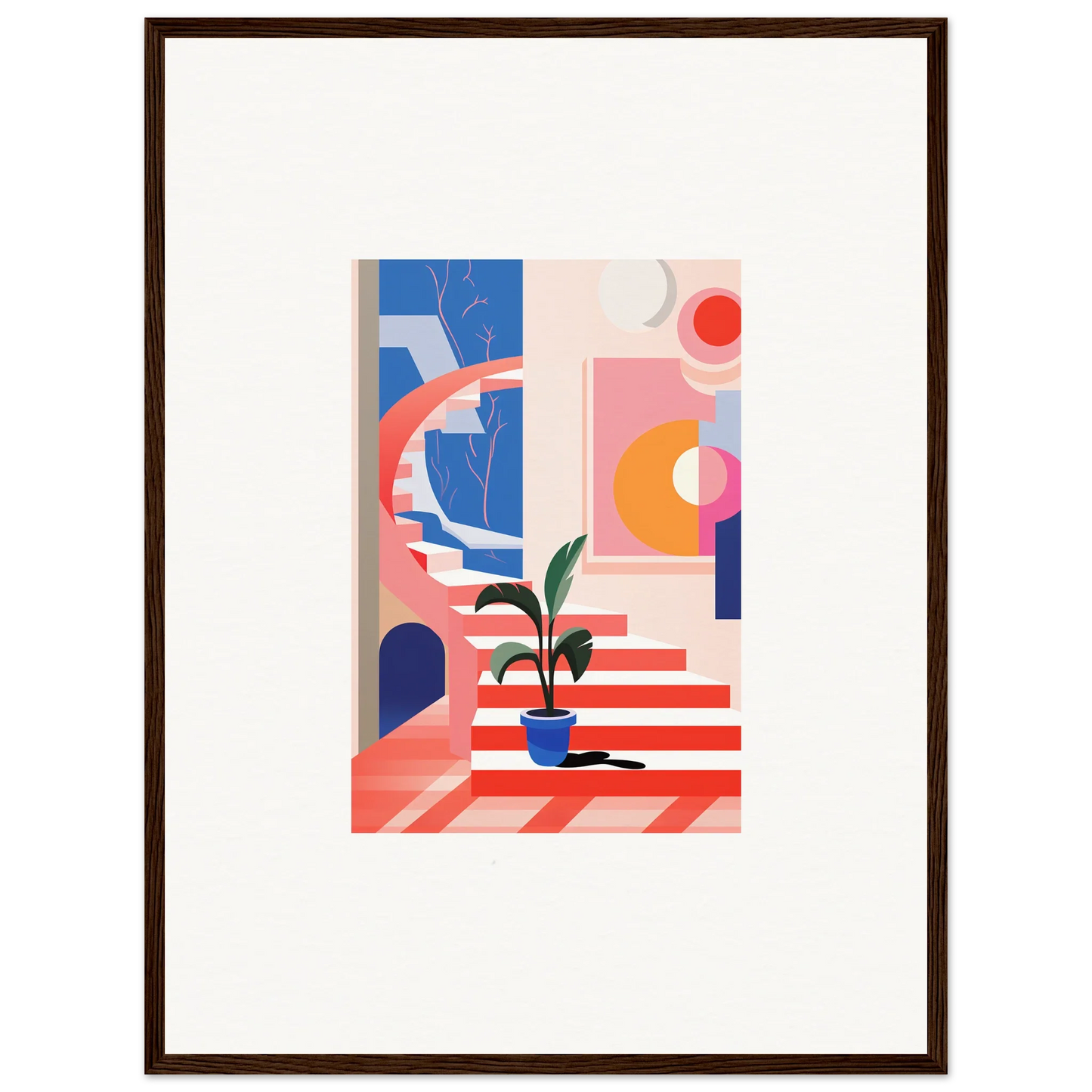 Framed abstract canvas print of geometric shapes with a potted plant for quantum gardens